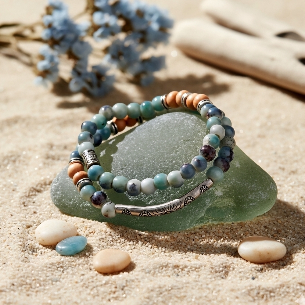 Earth Tone Boho Beaded Double Loop Stretch Bracelet Silver Plated Alloy Tube - Picture 6 of 13